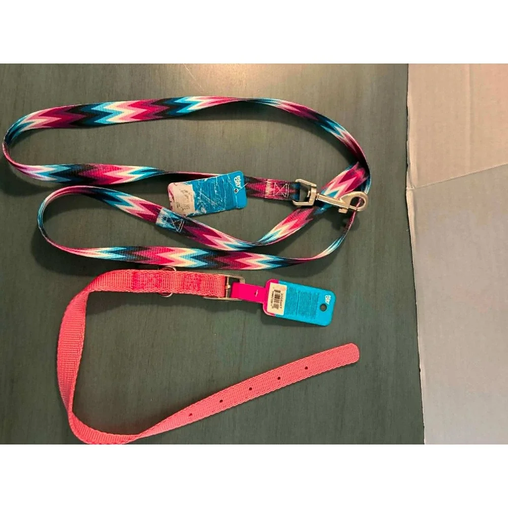 Play On Dog Leash and Collar Set Small Pink Multi Color NWT Chevron Print